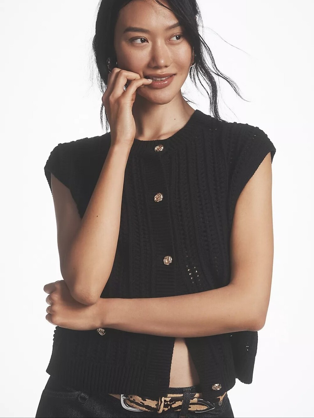 Anthropologie x Central Park West Button-Front Vest Sweater Knit Black Size S